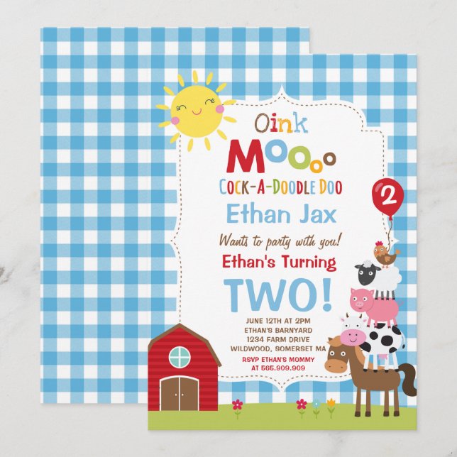 Invitation d'anniversaire de ferme Barnyard fête d (Devant / Derrière)