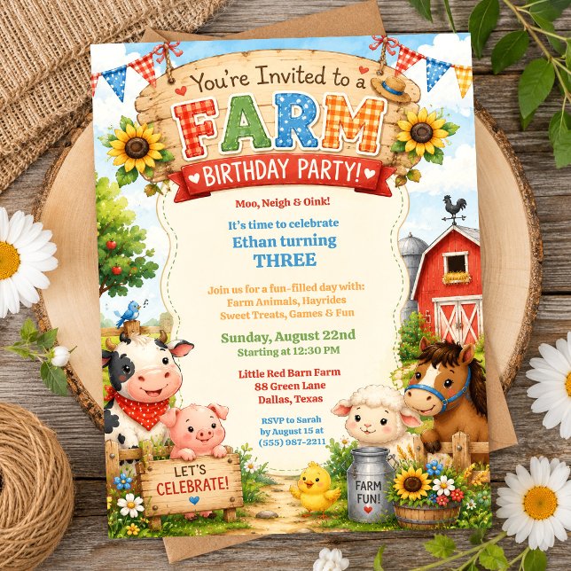 Invitation d'anniversaire de ferme Fête de grange  (Créateur téléchargé)