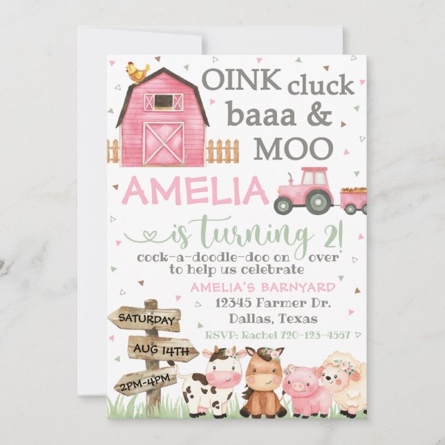 Invitation d'anniversaire de ferme, Oink Cluck Baa (Devant)