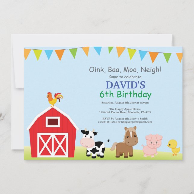 Invitation d'anniversaire de ferme Pays Barnyard P (Devant)