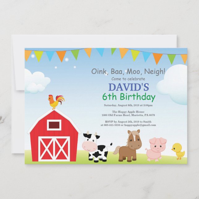 Invitation d'anniversaire de ferme Pays Barnyard P (Devant)