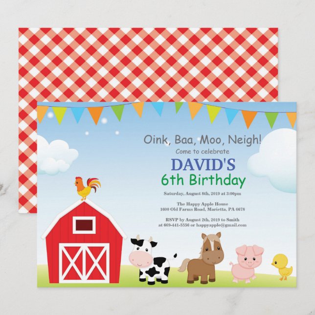Invitation d'anniversaire de ferme Pays Barnyard P (Devant / Derrière)