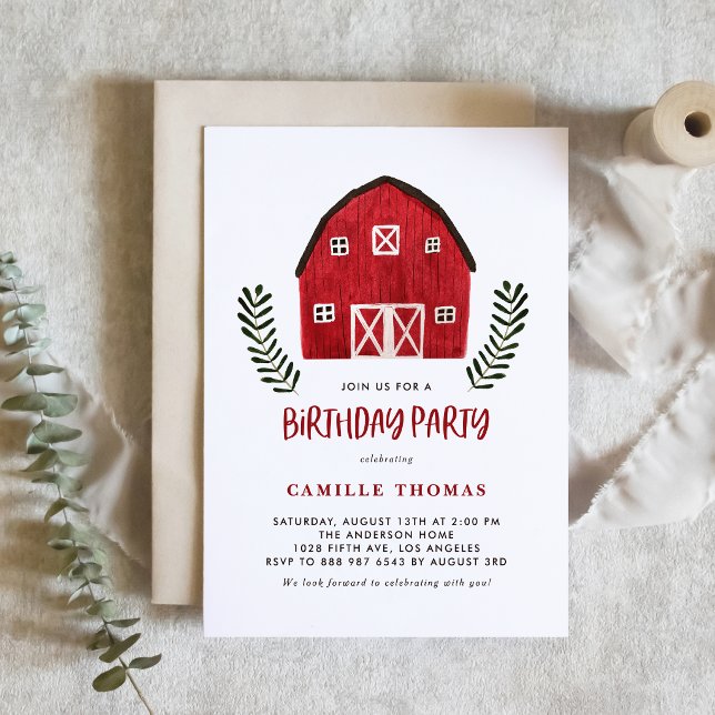 Invitation d'anniversaire de ferme rustique aquare (Watercolor red barn birthday party invitation featuring farmhouse charm for a country-themed party.)