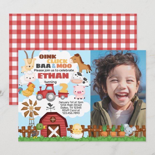 Invitation d'anniversaire de fête à la ferme (Devant / Derrière)