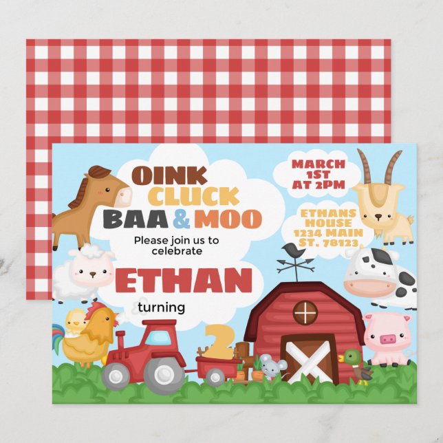 Invitation d'anniversaire de fête à la ferme (Devant / Derrière)