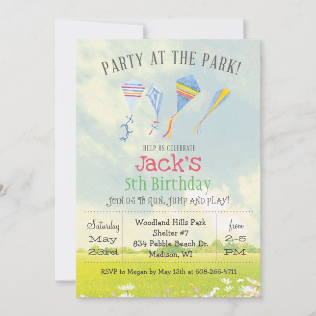 Invitation d'anniversaire de fête au parc pour tou (Devant)