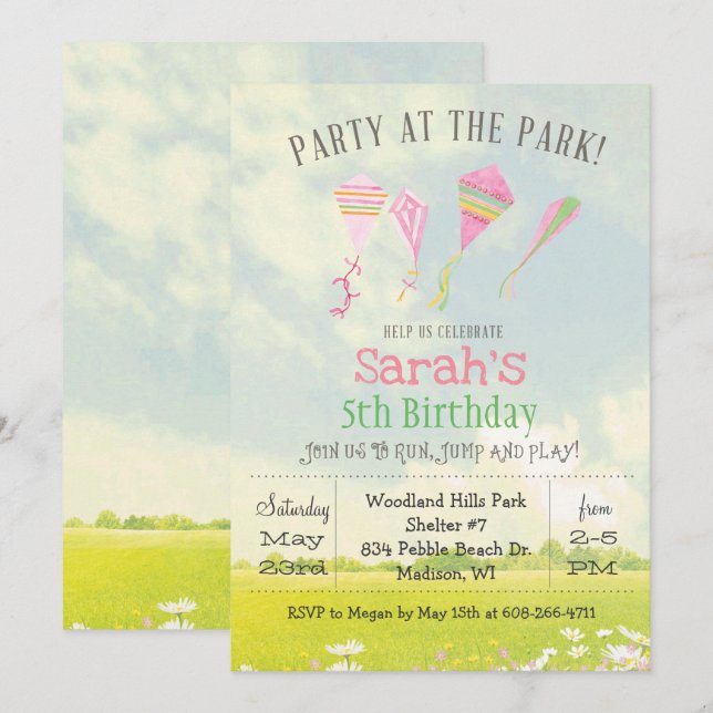 Invitation d'anniversaire de fête au parc pour tou (Devant / Derrière)