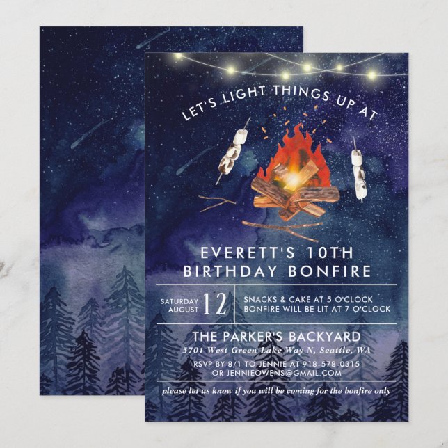 Invitation d'anniversaire de fête de camp avec feu (Devant / Derrière)