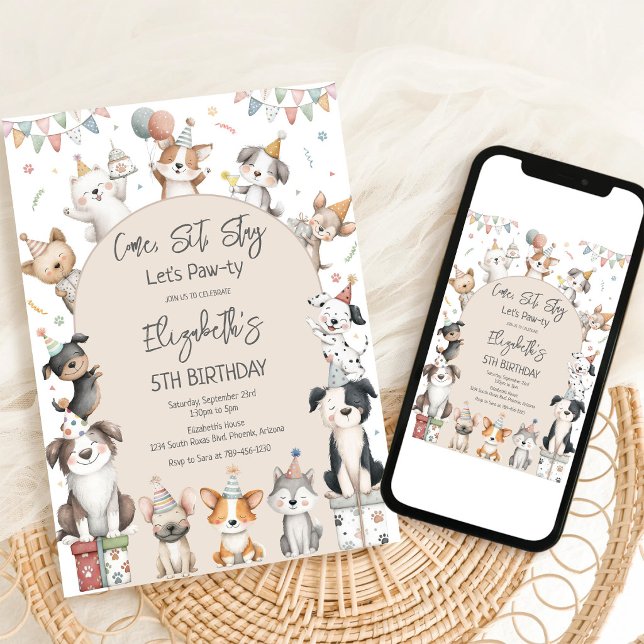 Invitation d'anniversaire de fête de chiot de chie (Créateur téléchargé)