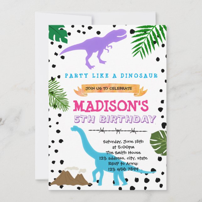 Invitation d'anniversaire de fête de dinosaure de  (Devant)