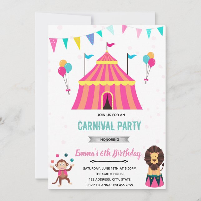 Invitation d'anniversaire de fête de fille de carn (Devant)