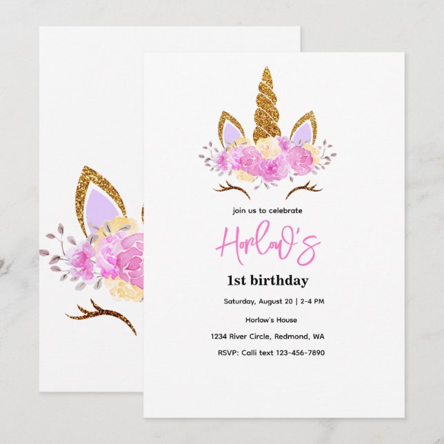 Invitation d'anniversaire de fête de licorne magiq (Devant / Derrière)