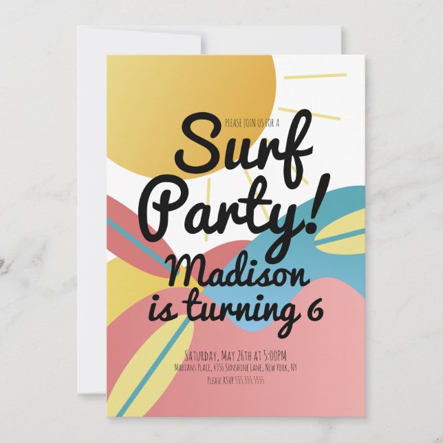 Invitation d'anniversaire de fête de surf de plage (Devant)