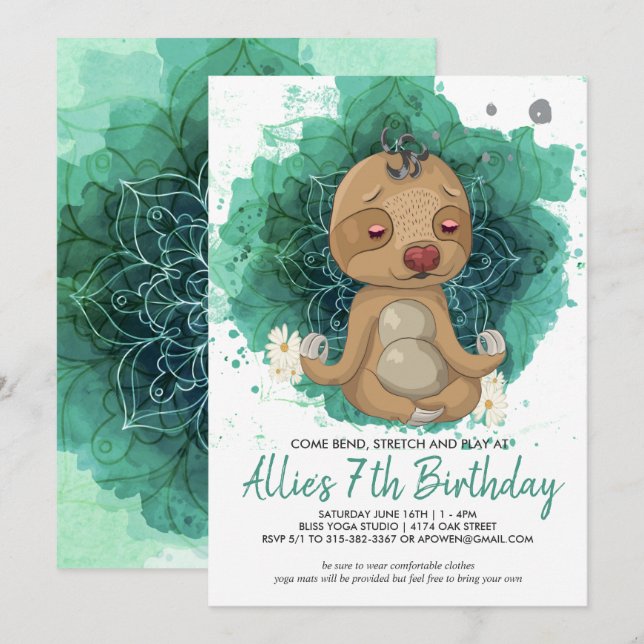 Invitation d'anniversaire de fête de yoga pour enf (Devant / Derrière)