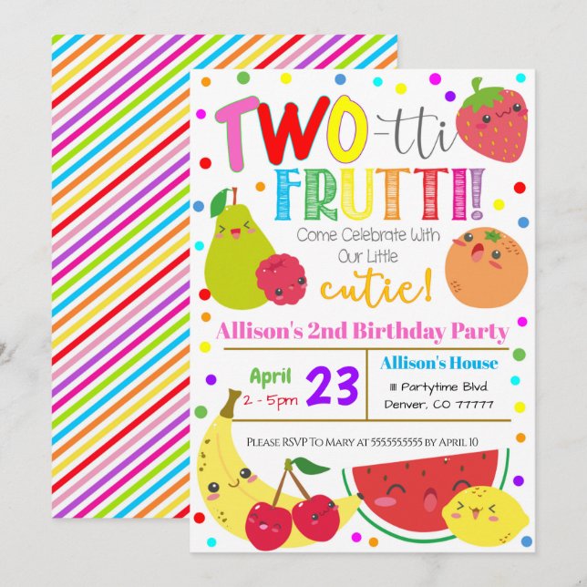 Invitation d'anniversaire de fête des fruits à deu (Devant / Derrière)