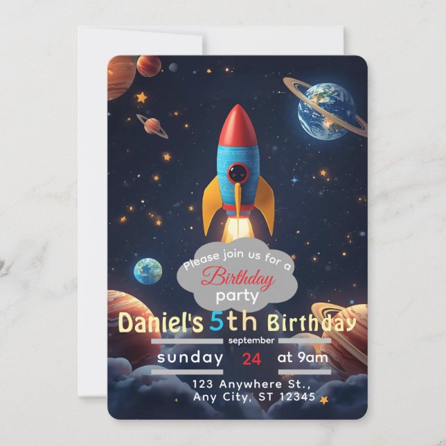 Invitation d'anniversaire de fête d'espace de déco (Devant)