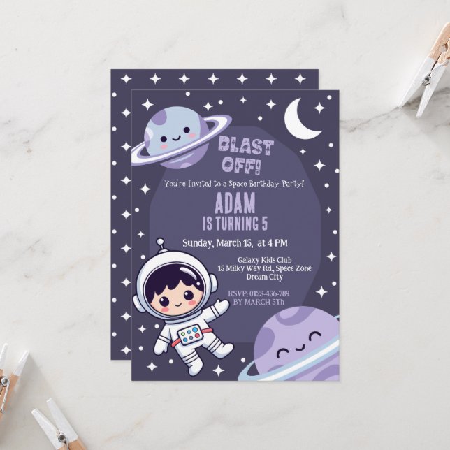 Invitation d'anniversaire de fête spatiale | Astro (Devant/Arrière en situation)