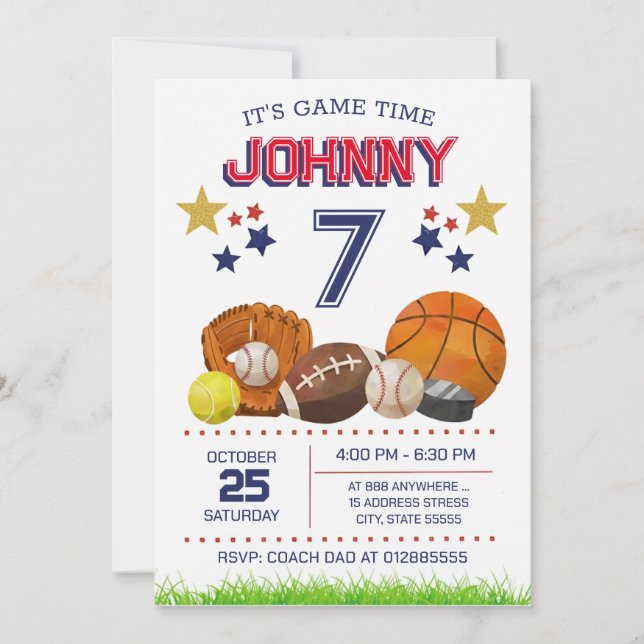 Invitation d'anniversaire de fête sportive All Sta (Devant)