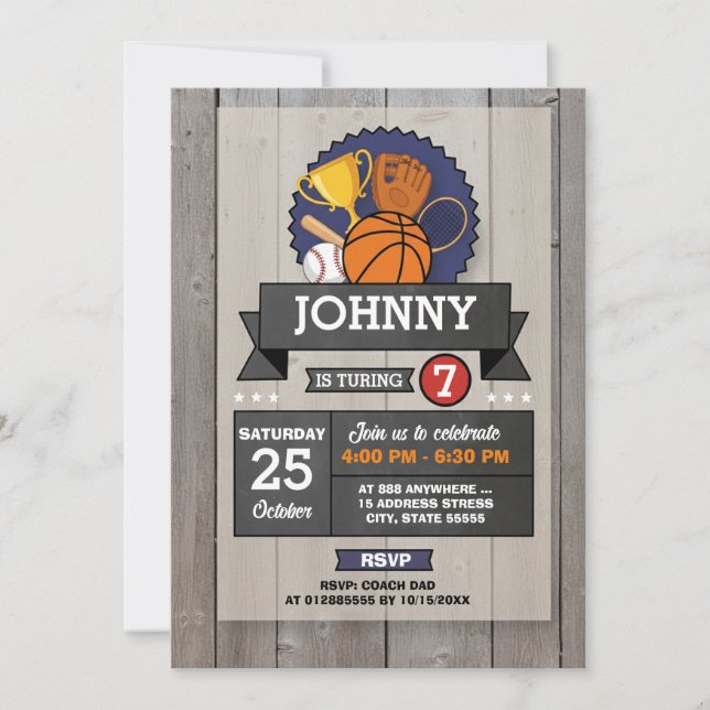 Invitation d'anniversaire de fête sportive All Sta (Devant)