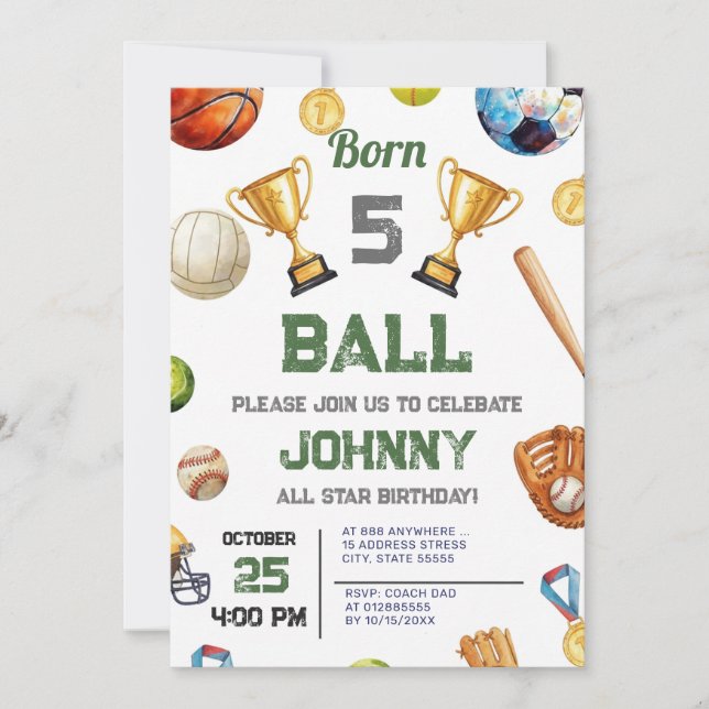 Invitation d'anniversaire de fête sportive All Sta (Devant)