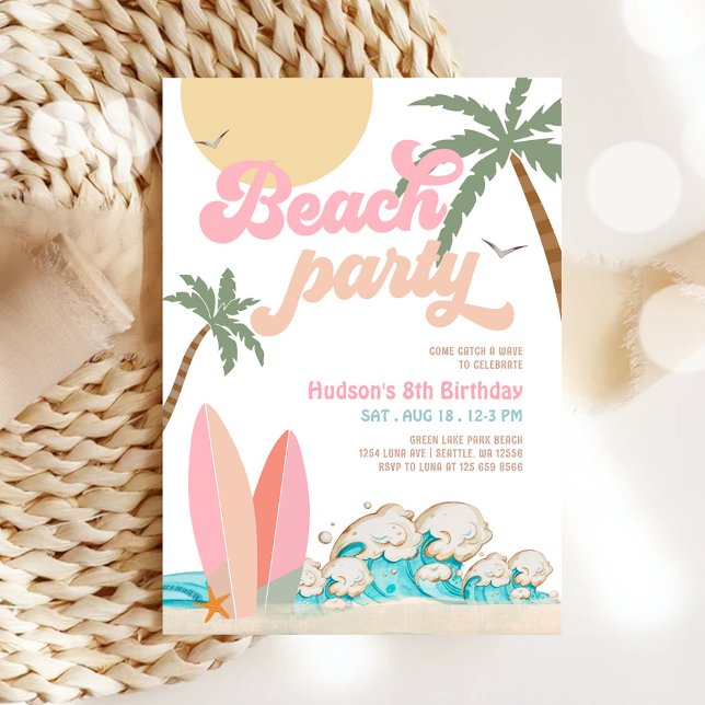 Invitation d'anniversaire de fête sur la plage ros (Créateur téléchargé)