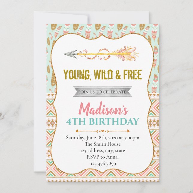 Invitation d'anniversaire de fête tribale pailleté (Devant)