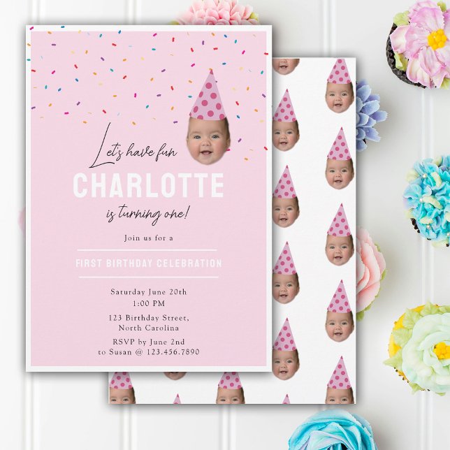 Invitation d'anniversaire de fille 1er anniversair (Girl Birthday Invite 1st Birthday Baby Face Photo)