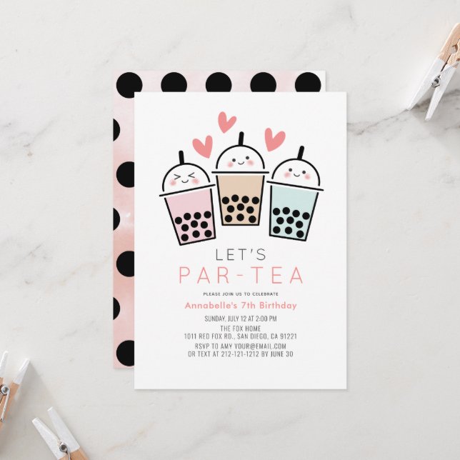 Invitation d'anniversaire de fille à thé à bulles  (Devant/Arrière en situation)