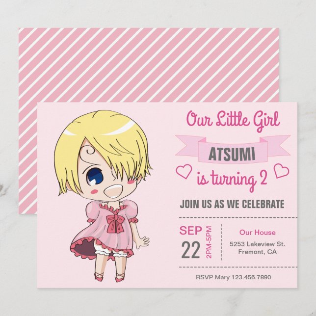 Invitation d'anniversaire de fille anime rose mign (Devant / Derrière)