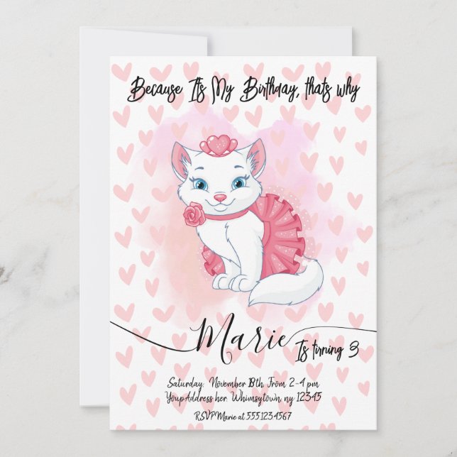 Invitation d'anniversaire de fille avec un chat mi (Devant)
