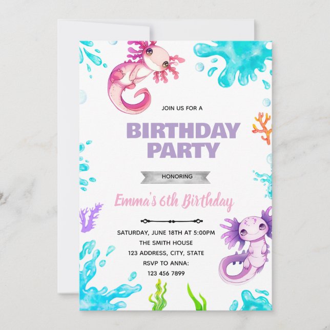 Invitation d'anniversaire de fille axolotl (Devant)