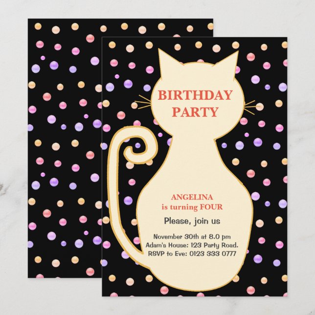 Invitation d'anniversaire de fille chat (Devant / Derrière)