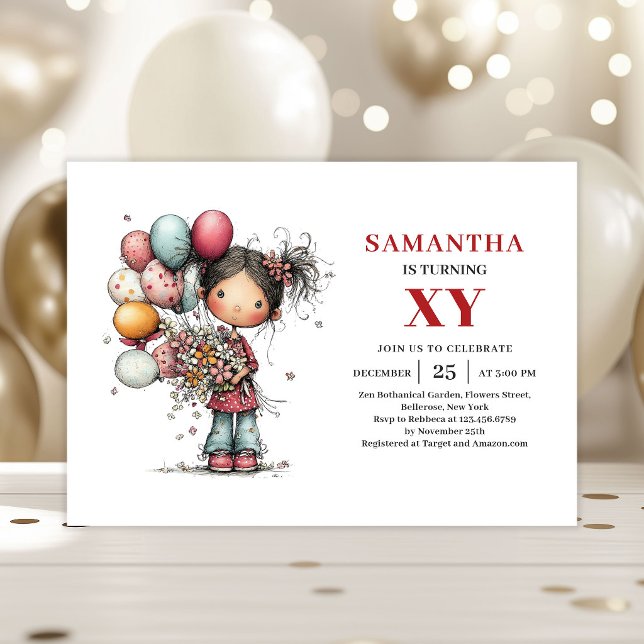 Invitation d'anniversaire de fille de dessin animé (Quirky Cartoon Girl Birthday invitation)