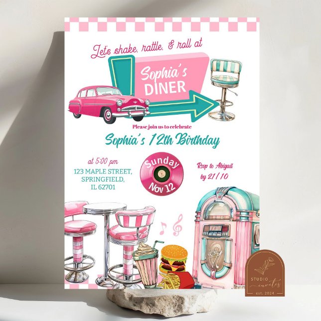 Invitation d'anniversaire de fille de diner rétro  (Créateur téléchargé)