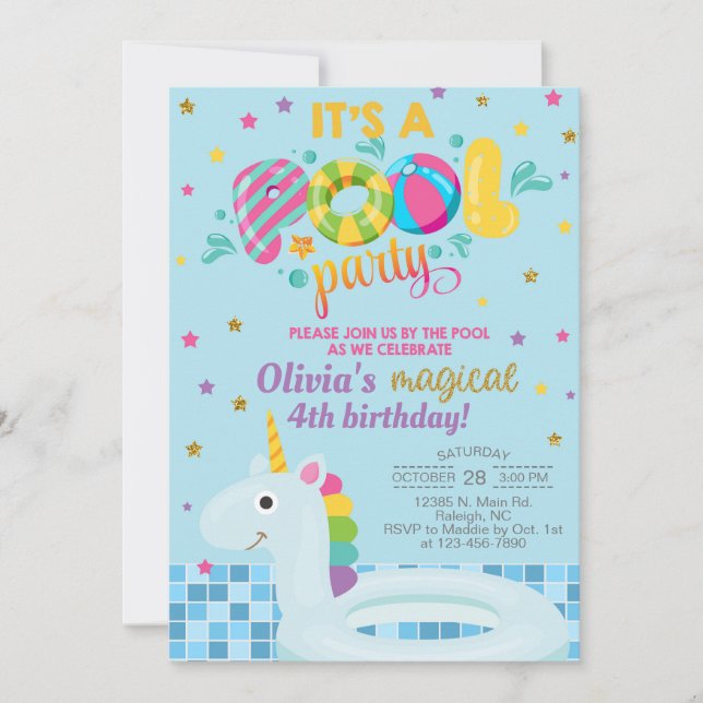 Invitation d'anniversaire de fille de piscine, inv (Devant)