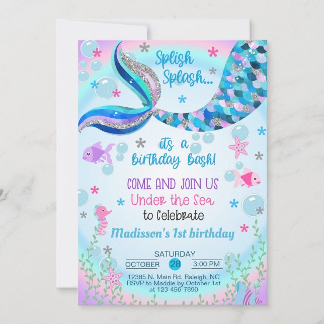 Invitation d'anniversaire de fille de sirène. (Devant)