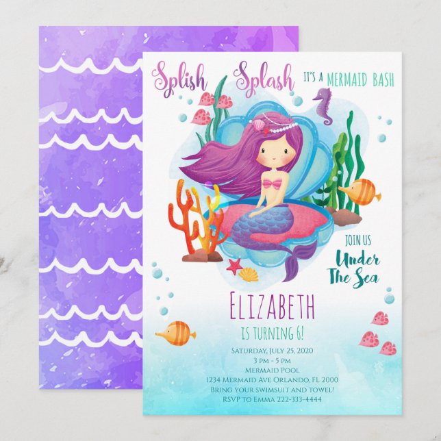 Invitation d'anniversaire de fille de sirène (Devant / Derrière)