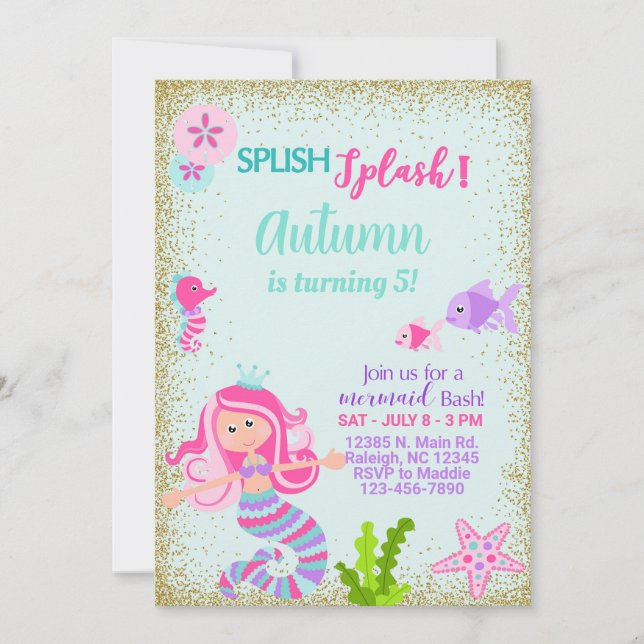 Invitation d'anniversaire de fille de sirène, écla (Devant)