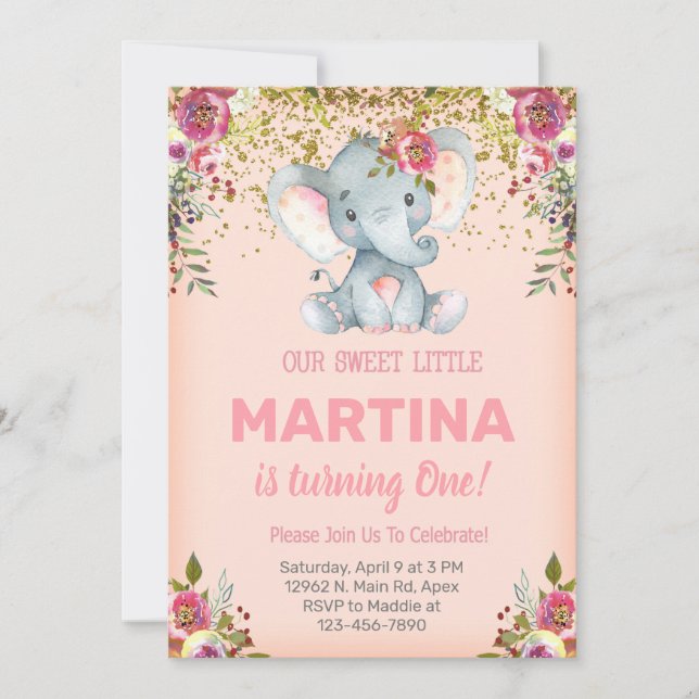 Invitation d'anniversaire de fille d'éléphant rose (Devant)