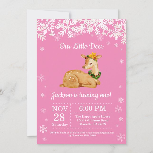 Invitation d'anniversaire de fille d'hiver de cerf (Devant)