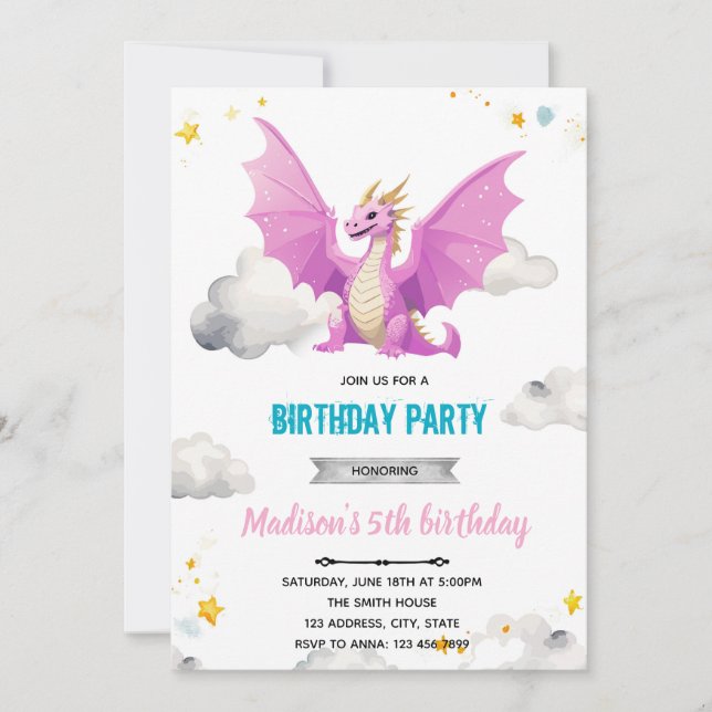 Invitation d'anniversaire de fille dragon (Devant)