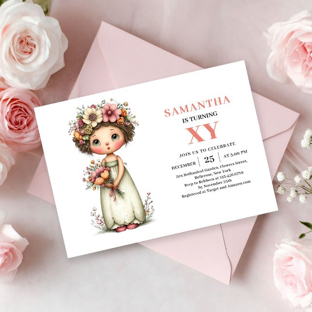 Invitation d'anniversaire de fille fée fantaisiste (Whimsical Fairy Girl Birthday Pastel Floral invitation)
