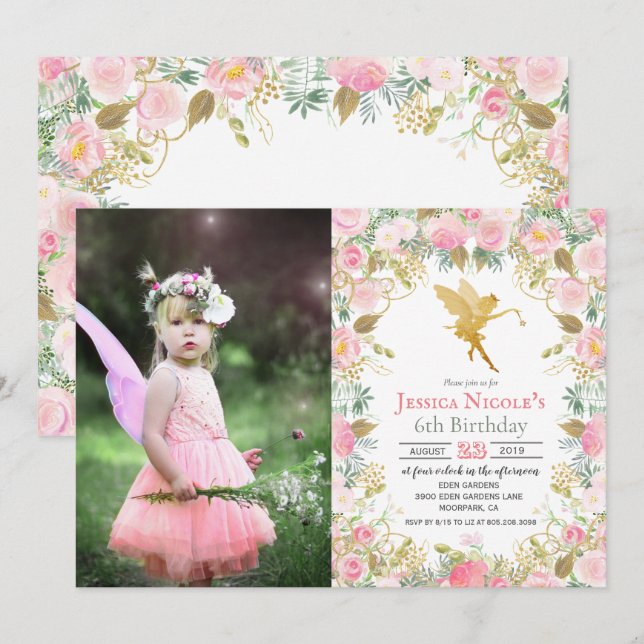 Invitation d'anniversaire de fille fée florale - T (Devant / Derrière)