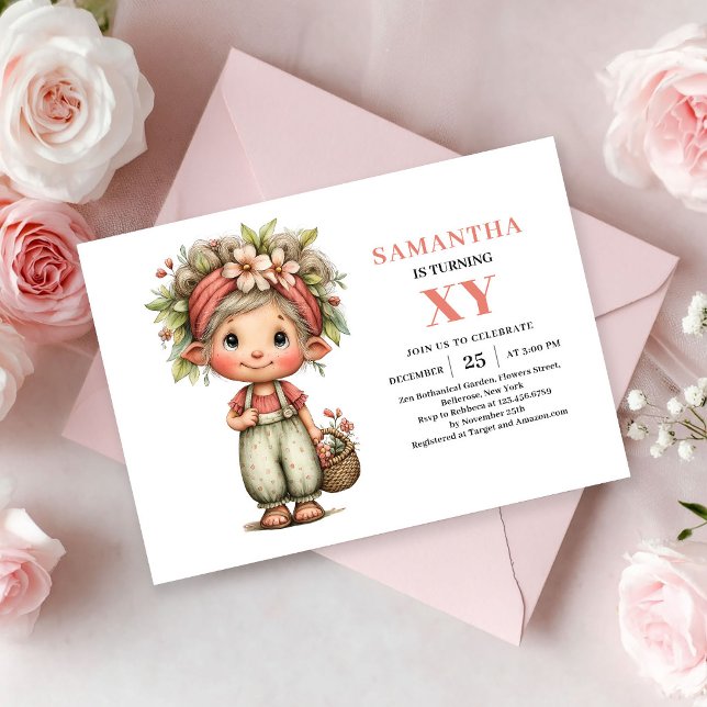 Invitation d'anniversaire de fille fée rose floral (Fairy Girl Birthday Whimsical Pink Floral invitation)