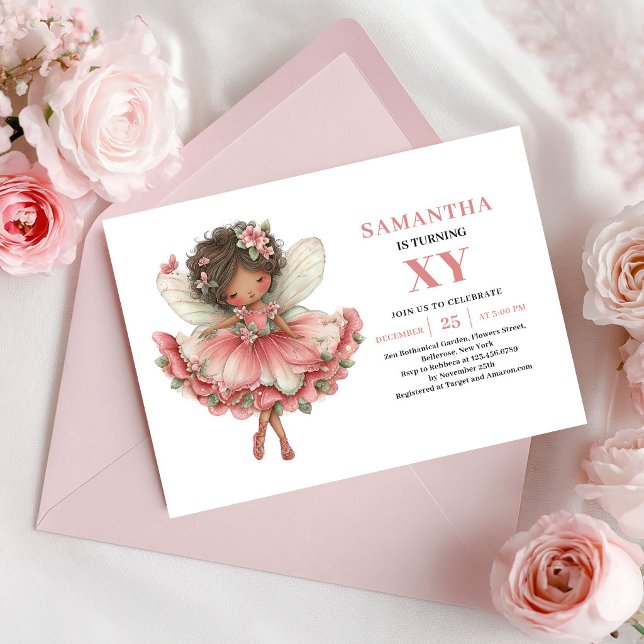 Invitation d'anniversaire de fille fée rose pastel (Fairy Girl Birthday Pastel Pink Floral Invitation)