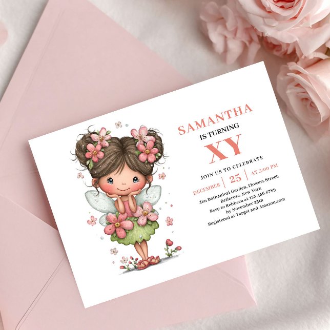 Invitation d'anniversaire de fille fée scintillant (Sparkling Fairy Girl Birthday Floral Pink invitation)