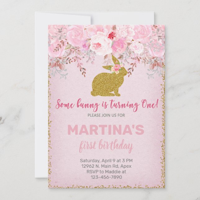 Invitation d'anniversaire de fille lapin rose et o (Devant)