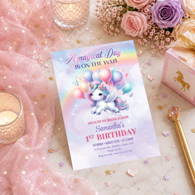 Invitation d'anniversaire de fille Licorne Magique (Whimsical Unicorn Magical Day Girl Birthday Invitation

)