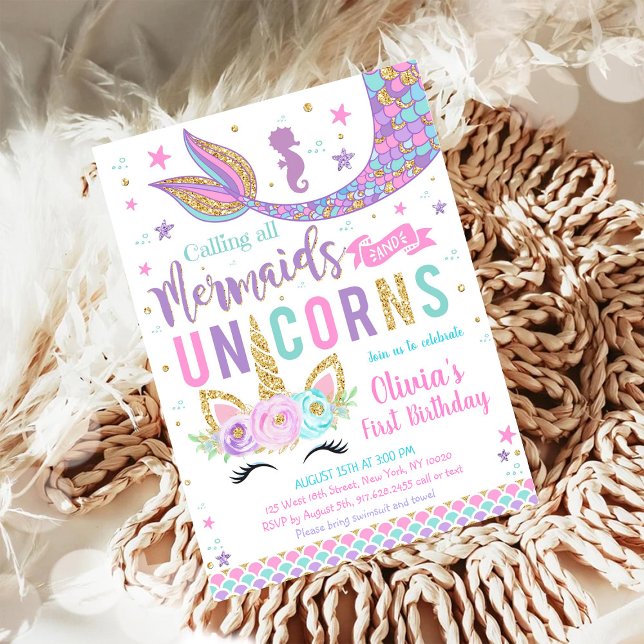 Invitation d'anniversaire de fille licorne sirène (Créateur téléchargé)
