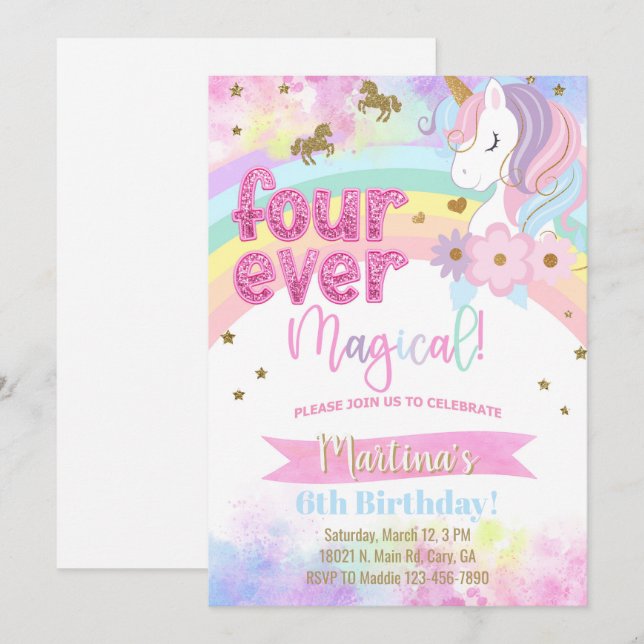 Invitation d'anniversaire de fille magique licorne (Devant / Derrière)